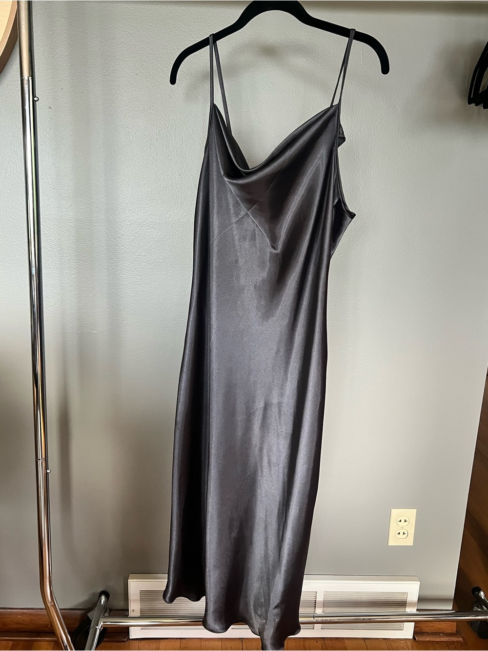 bebe Charcoal Satin Maxi Slip Dress